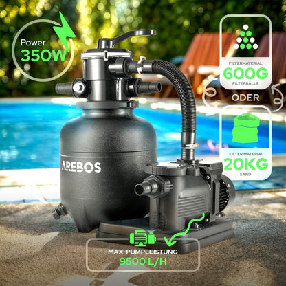 Arebos Sandfilteranlage Poolfilter - 9500 L/h inkl. Filterbälle
