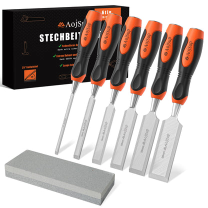 AojSup Stechbeitel-Set für Holz, 6-teilig, mit Schleifstein und Metall-Schlagkappe