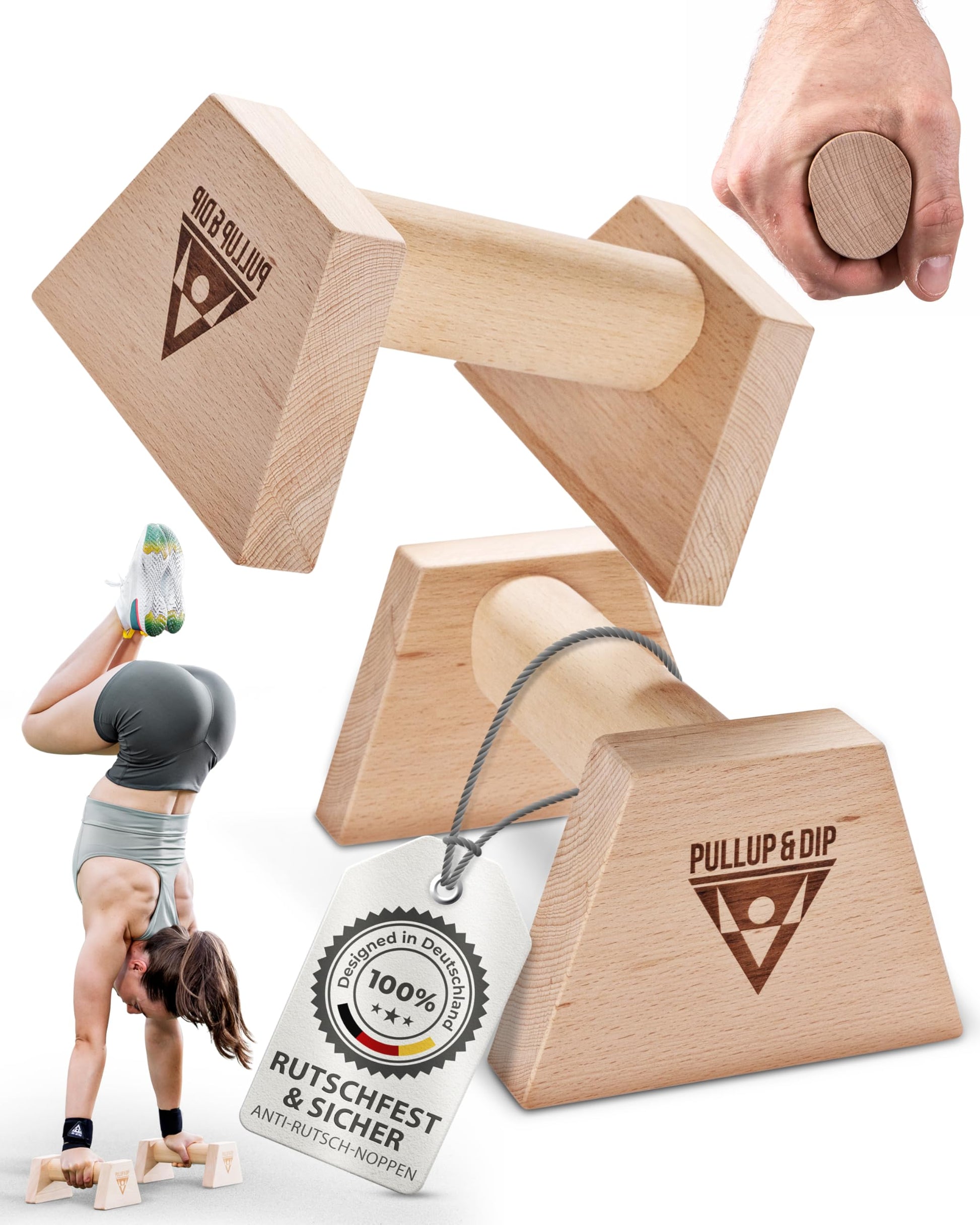 PULLUP & DIP Liegestützgriffe aus Buchenholz mit Handgelenkbandagen, ergonomische Holzgriffe mit Anti-Rutsch-Pads