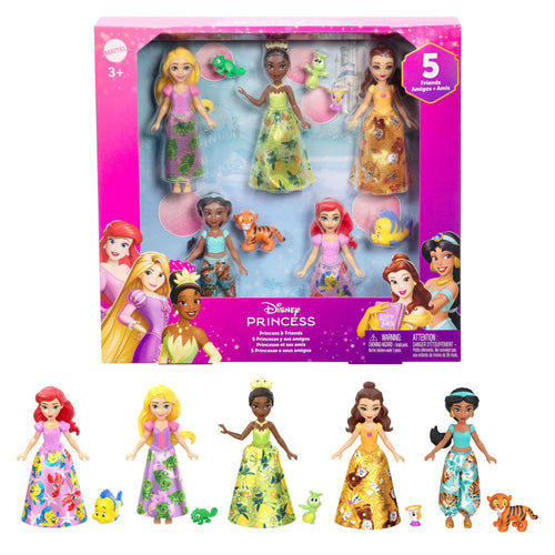 Mattel Disney Princess und Freunde Set mit 5 Puppen und 5 Figuren, Puppen ca. 9 cm mit abnehmbaren Röcken oder Hosen