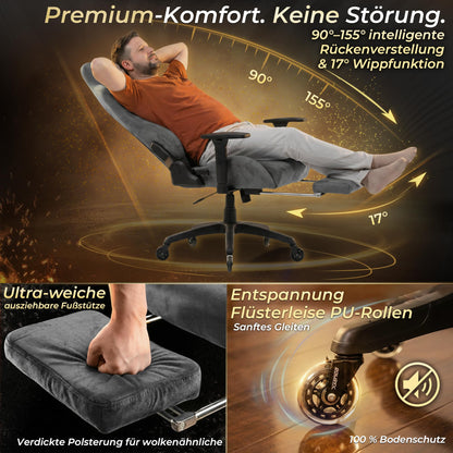 Dowinx Gaming Stuhl, ergonomischer Bürostuhl mit Fussstütze, grau