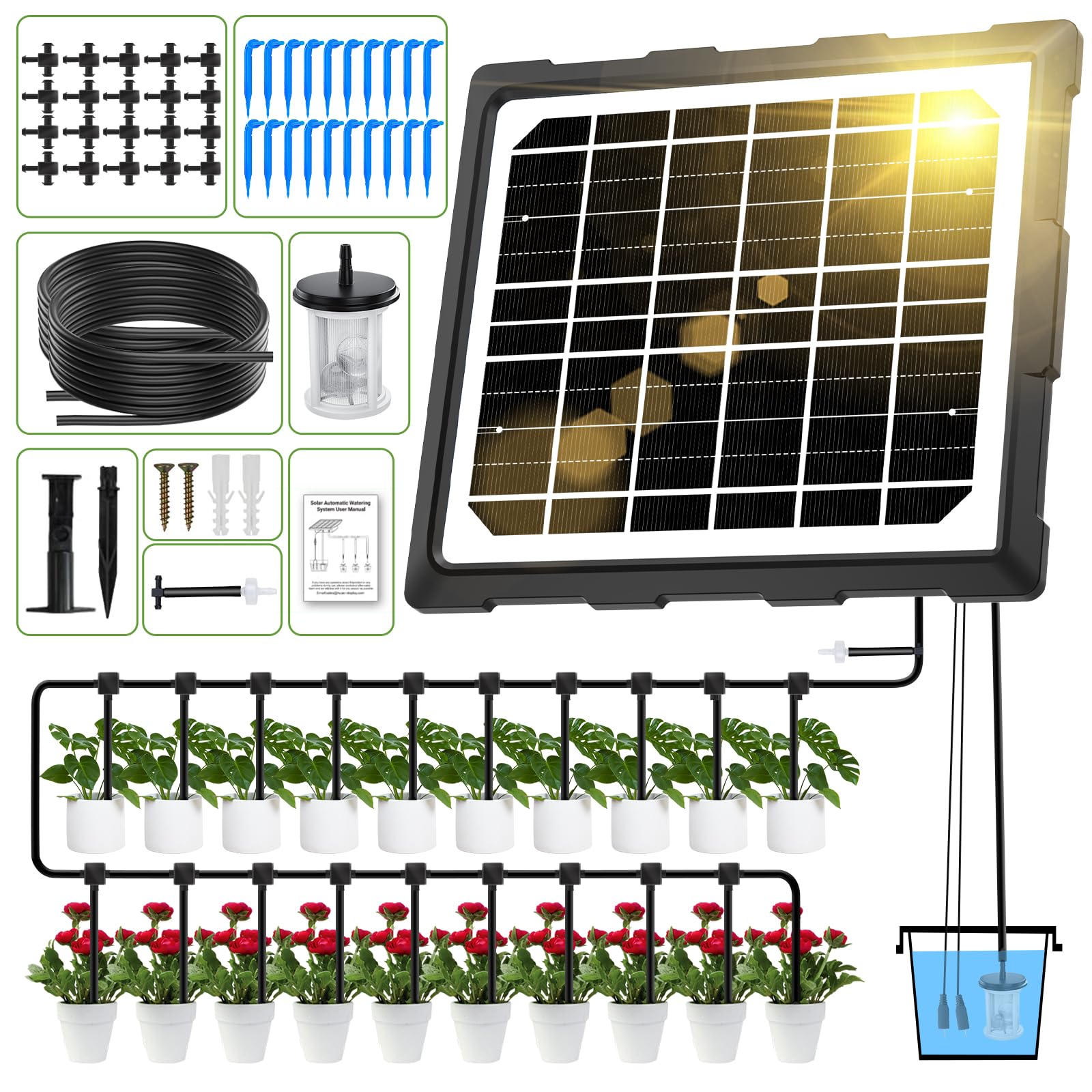 YAHAMOO Solar-Bewässerungssystem BSV-IC018 für 20 Topfpflanzen mit Solarpanel und Tropfschlauch