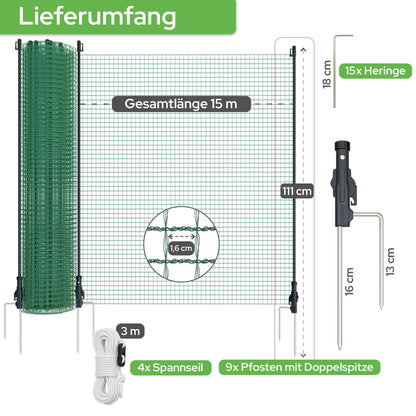Arebos Begrenzungszaun 15 m, mobiler Gartenzaun mit 9 Pfosten