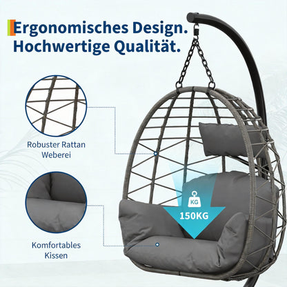 GarveeHome Hängesessel mit Gestell, PE-Rattan, bis 150 kg, Grau