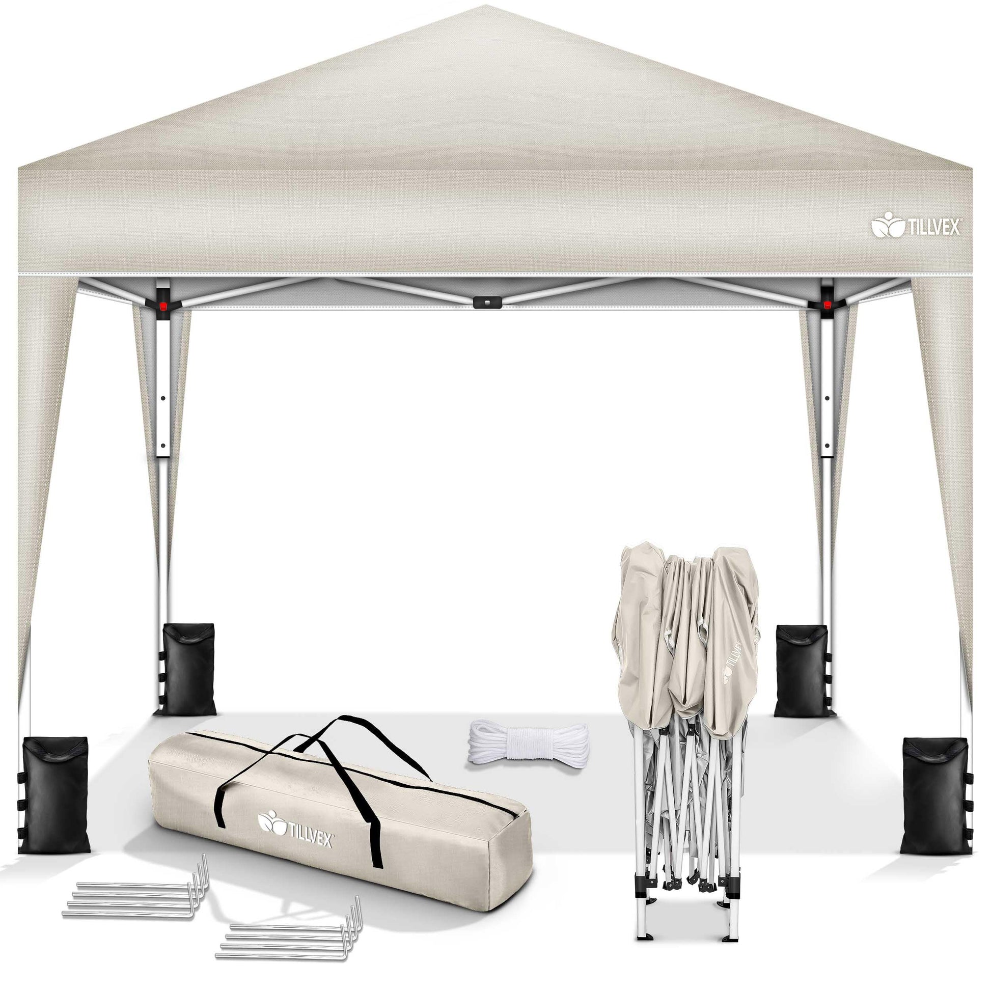 tillvex Faltpavillon 3x3m Pop-Up Gartenzelt mit Sandsäcken, Beige – Stahlgestell, Dachbespannung aus 210D Polyester