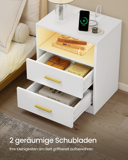 VASAGLE Custos Nachttisch mit Ladestation, 2er Set, LED, wolkenweiss