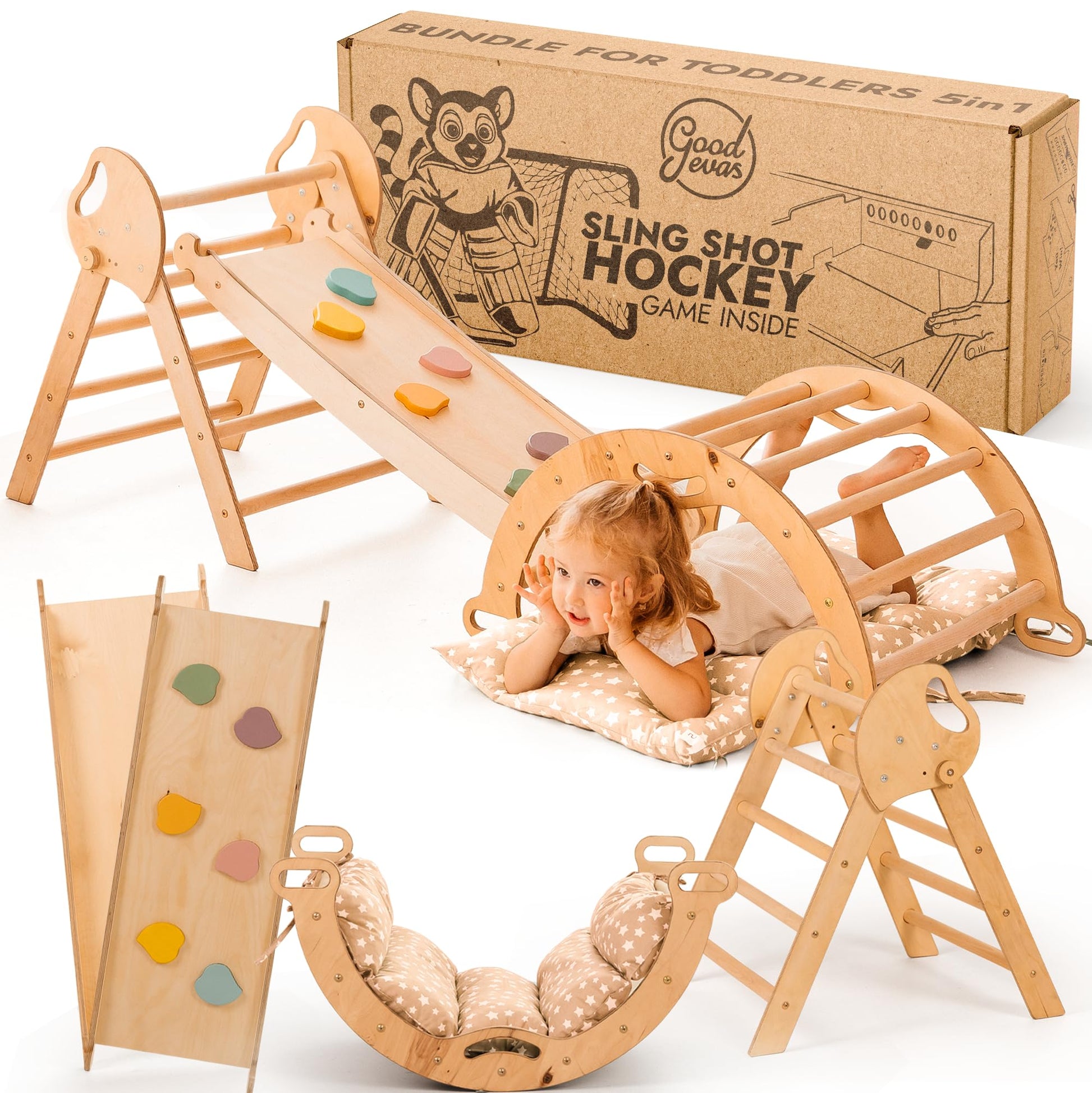 Goodevas 5-in-1 Montessori Klettergerüst Set indoor Spielplatz. Naturholz-Kletterset, modular. Fördert kindliche Motorik.