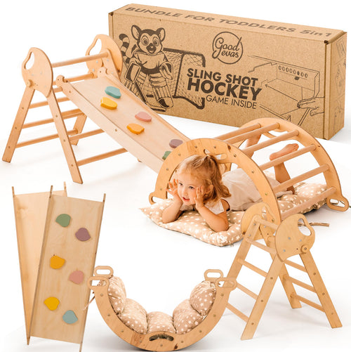 Goodevas 5-in-1 Montessori Klettergerüst Set indoor Spielplatz. Naturholz-Kletterset, modular. Fördert kindliche Motorik.