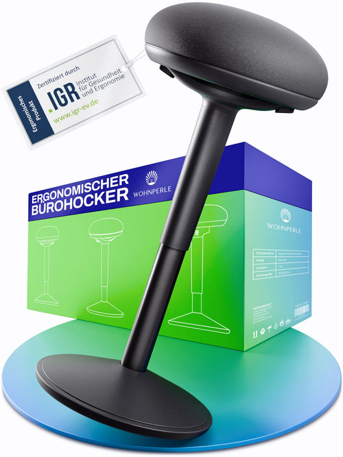 Wohnperle Ergonomischer Bürohocker 2in1, höhenverstellbar Schwarz. Ergonomischer, runder Hocker mit Rollen für dynamisches Sitzen am Arbeitsplatz.