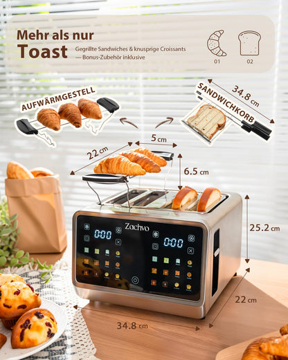 ZACHVO Toaster 4 Scheiben Edelstahl mit Touchscreen & 2 Toastzonen