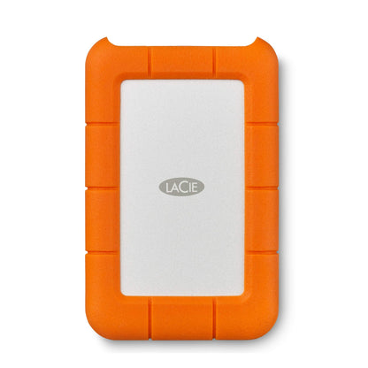 LaCie Rugged Mini 2TB Externe Festplatte USB-C. Orange-silbernes, rechteckiges Gehäuse zum Speichern und schnellen Transport von Daten.