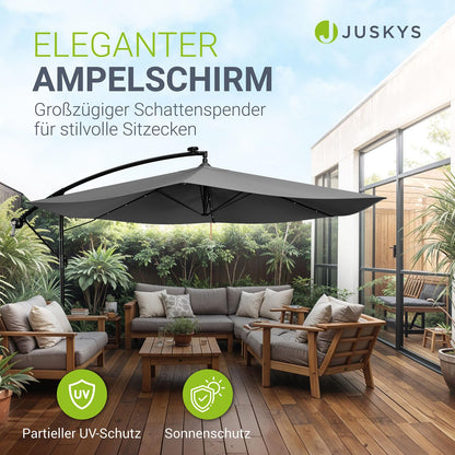 Juskys Ampelschirm Brazil 350 cm Solar LED Kurbel – Grau