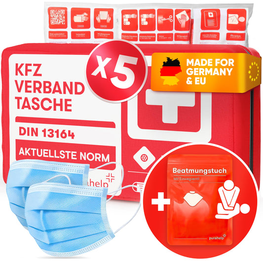 PURAHELP KFZ Verbandstasche DIN 13164 (2025) – 5er Set mit Beatmungstuch. Rote, kompakte Tasche zur Erste Hilfe im KFZ.