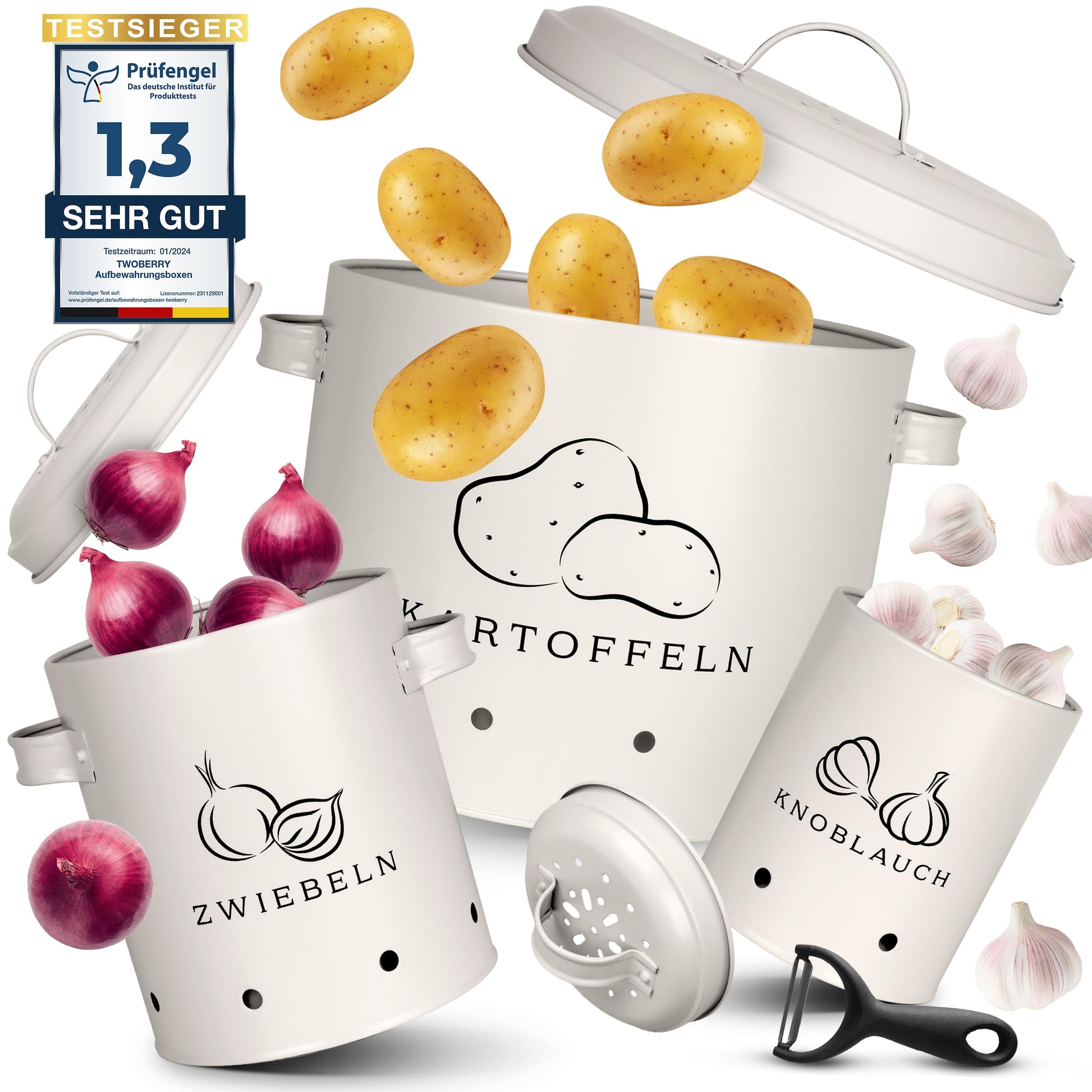 TWOBERRY Kartoffel Aufbewahrungsbox 3er Set mit Sparschäler, Weiss