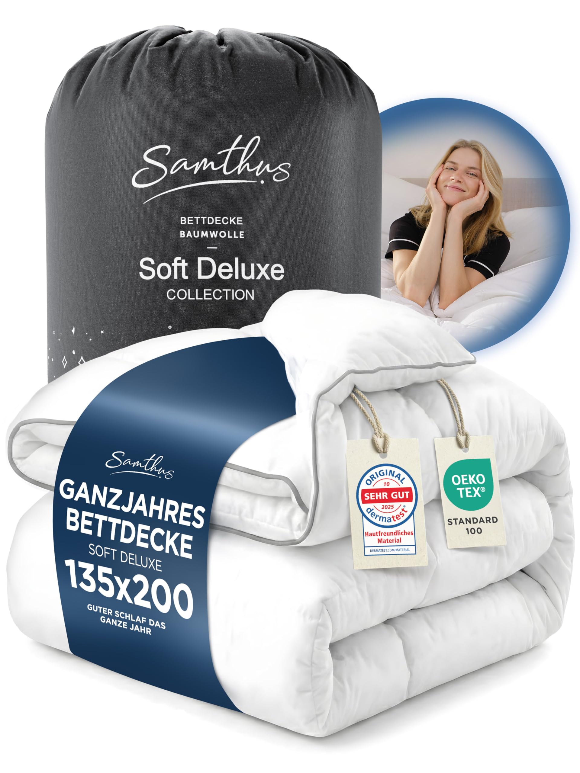 Samthus Bettdecke 135x200 cm Ganzjahresdecke mit Baumwollbezug – Steppdecke mit Kassettensteppung