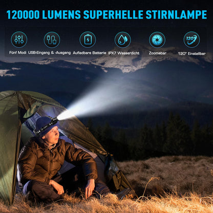 Glarylight LED-Stirnlampe wiederaufladbar, 120000 Lumen, IPX7, zoombar