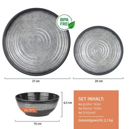 Moritz Campinggeschirr-Set aus Melamin, 12-teilig, Stone Grey