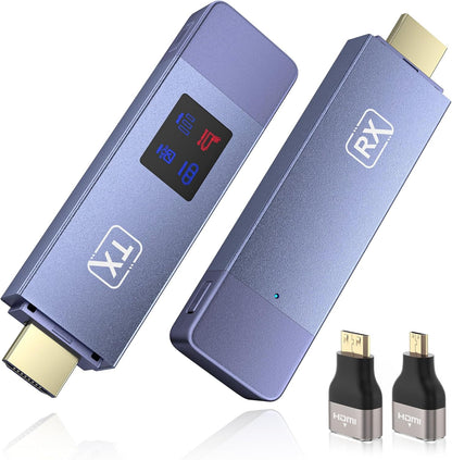 Wireless HDMI Sender Empfänger Set – 30M 2.4G/5G Plug&Play. Kompakte, schwarze Geräte. Überträgt HDMI-Signale kabellos bis 30m.