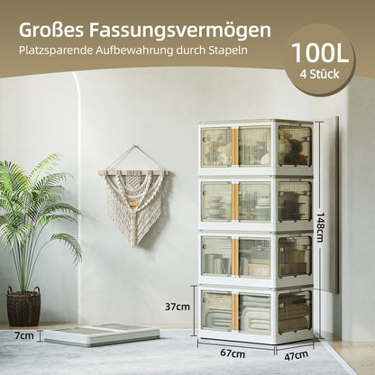 NETEL Faltbare Stapelbox mit Rollen – 4er-Set 100L Transparent