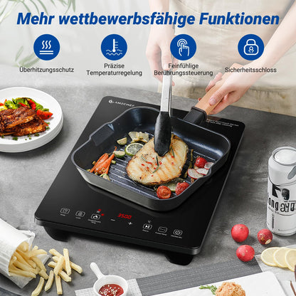 AMZCHEF Induktionskochplatte Einzel, 3500 W, Doppelring, 9 Stufen