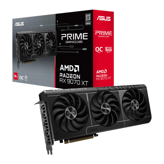 ASUS Prime Radeon RX 9070 XT OC 16GB Gaming Grafikkarte, rechteckig, schwarz, mit Lüftern. Berechnet Spielegrafiken.