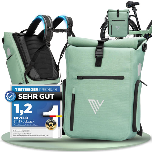 MIVELO 3in1 Fahrradtasche Rucksack Gepäckträger - Mint. Mintgrüne Tasche, multifunktional als Rucksack, Fahrrad- und Gepäckträgertasche.