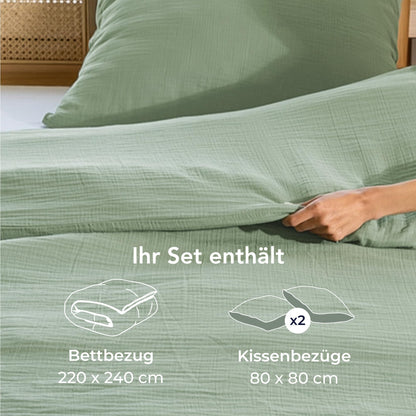 Dreamzie Musselin Baumwolle Bettwäsche Set – 220x240 cm Grün