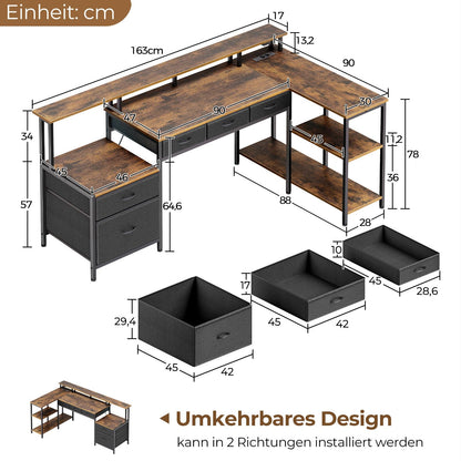 Rolanstar L-Form Schreibtisch Gaming mit Schubladen – Vintagebraun