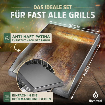 flammtal Grillplatte 4mm Edelstahl Plancha 40x30cm – Set