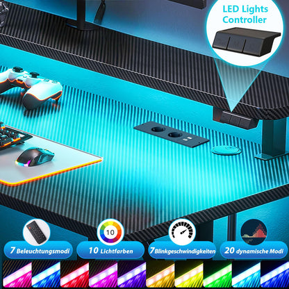 ODK Gaming Schreibtisch 100cm – LED, Steckdosen, Carbon Schwarz
