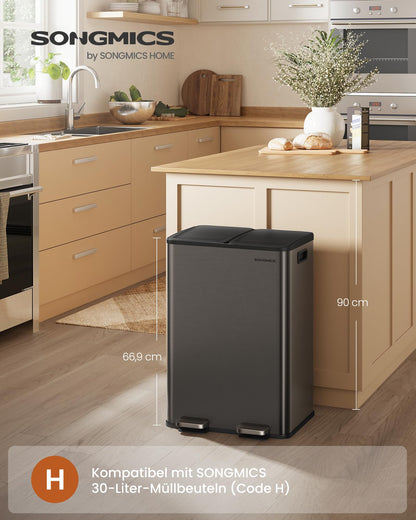 SONGMICS LTB741G01 Küchenmülleimer 2x30L 2 Fächer - Edelstahl Schiefergrau