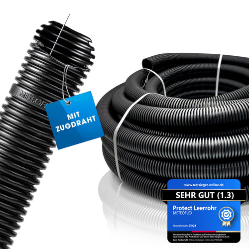 METEOFLEX Protect Leerrohr M25 25 m, HDPE-Wellrohr mit Zugdraht, gewelltes Kunststoffrohr