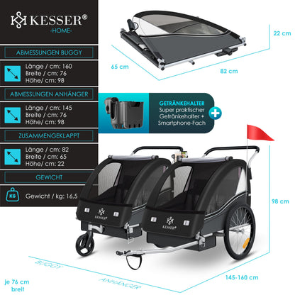 KESSER Sport-RX 2in1 Kinderfahrradanhänger Jogger Buggy 1-2 Kinder
