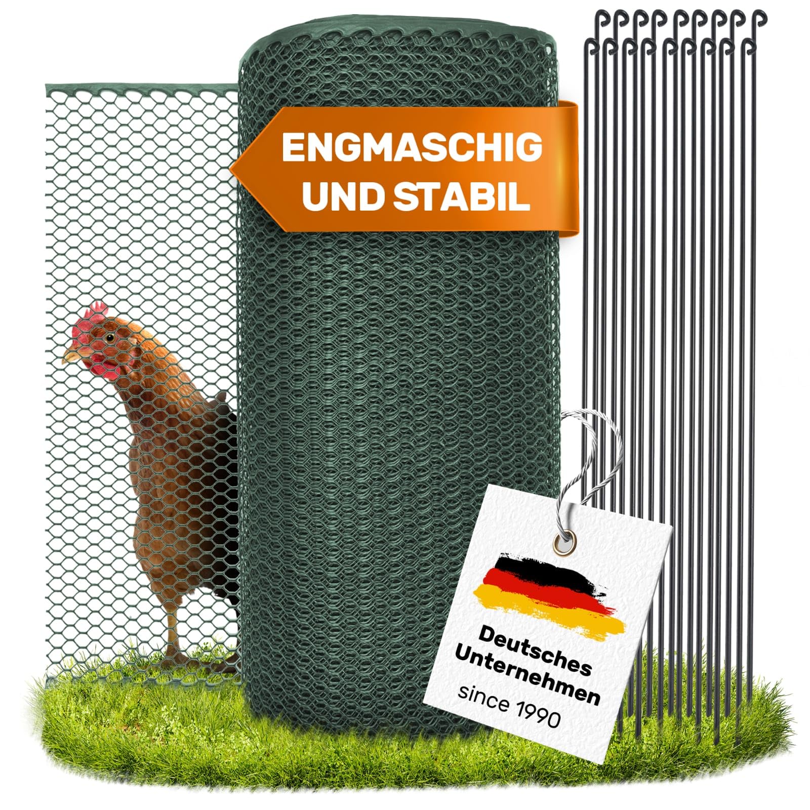 SELFmania Hühnerzaun 25 m, 120 cm hoch, grün, inkl. 21 Stäbe – grünes engmaschiges Netz mit verzinkten Stäben