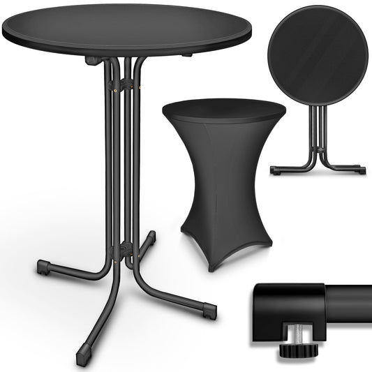 tillvex® Gastro Stehtisch klappbar Ø80cm mit Husse – rund. Runder Klapp-Stehtisch (Ø80cm) mit weißer Husse für Gastro & Events.