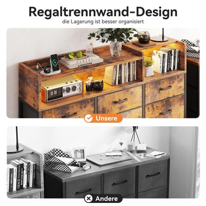 ODK Kommode mit Steckdosen, USB & LED – 9 Stoffschubladen