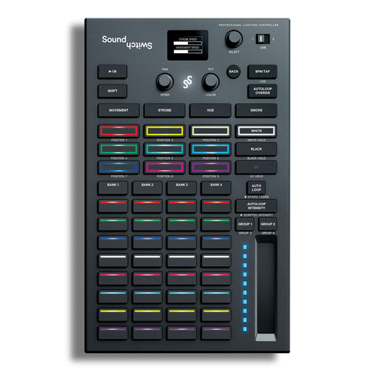 SoundSwitch Control One – Professioneller DMX DJ-Beleuchtungs-Controller, schwarzes Steuerpult zur DMX-Lichtsteuerung für DJs.