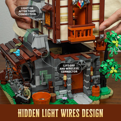 FUNWHOLE Medieval Forge Bausteine Set – 1595 Teile, mit LED Licht