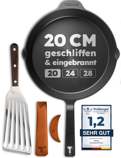 TECOR Gusseisenpfanne Induktion – 20 cm, geschliffen. Runde, schwarze Pfanne, induktionsgeeignet zum scharfen Anbraten und Schmoren.