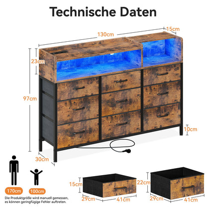 ODK Kommode mit Steckdosen, USB & LED – 9 Stoffschubladen