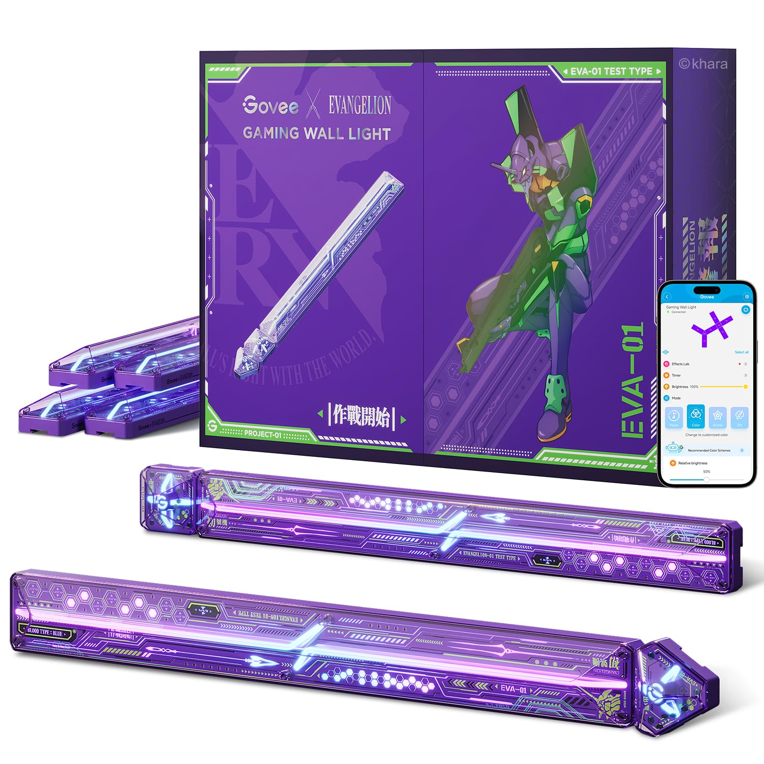 Govee EVANGELION Glide Gaming LED Wandleuchte – 6 Stäbe + 2 Ecken. Modulare LED-Lichtsegmente zur dynamischen Gaming-Raumbeleuchtung.
