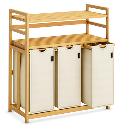 AdelDream Wäschesortierer 150 l mit 3 Fächern, Bambusrahmen, Beige – drei Wäschesäcke, zwei Ablagen