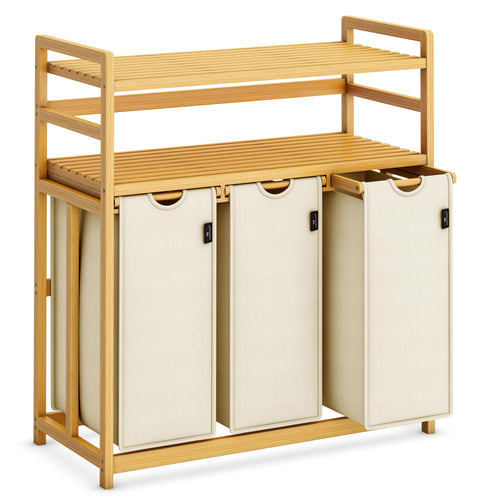 AdelDream Wäschesortierer 150 l mit 3 Fächern, Bambusrahmen, Beige – drei Wäschesäcke, zwei Ablagen