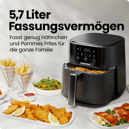 Chefman 5,7L Heißluftfritteuse, schnell & einfach, kompakte Heissluftfritteuse mit Hi-Fry Technologie, Touch Controls mit 4 Voreinstellungen, antihaftbeschichtet & spülmaschinenfest - Schwarz