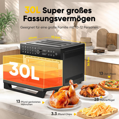 cookwise Heissluftfritteuse XXL 30L Minibackofen mit Umluft, 1800 W