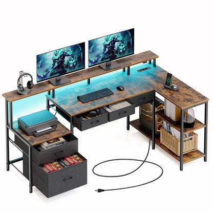 Rolanstar L-Form Schreibtisch Gaming mit Schubladen – Vintagebraun