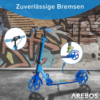Arebos Cityroller Tretroller Blau – LED Räder klappbar