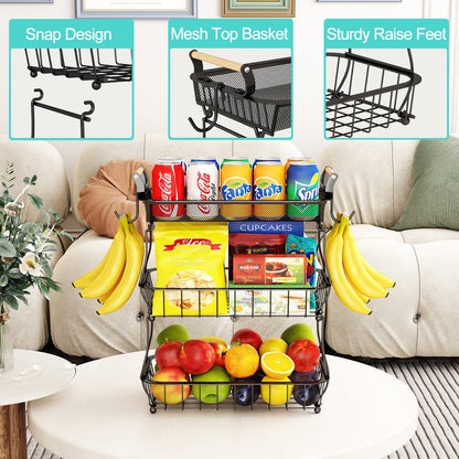 Miyawell Obstkorb 3 Ebenen mit Bananenhalter, Metall, schwarz