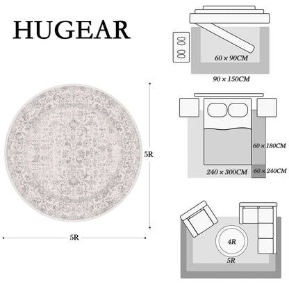 HUGEAR Vintage Runder Teppich - Waschbar Grau 150cm