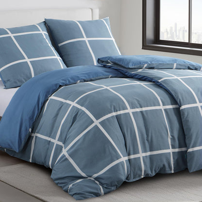 RUIKASI Bettwäsche 135x200 Baumwolle 4teilig Denimblau mit Karo
